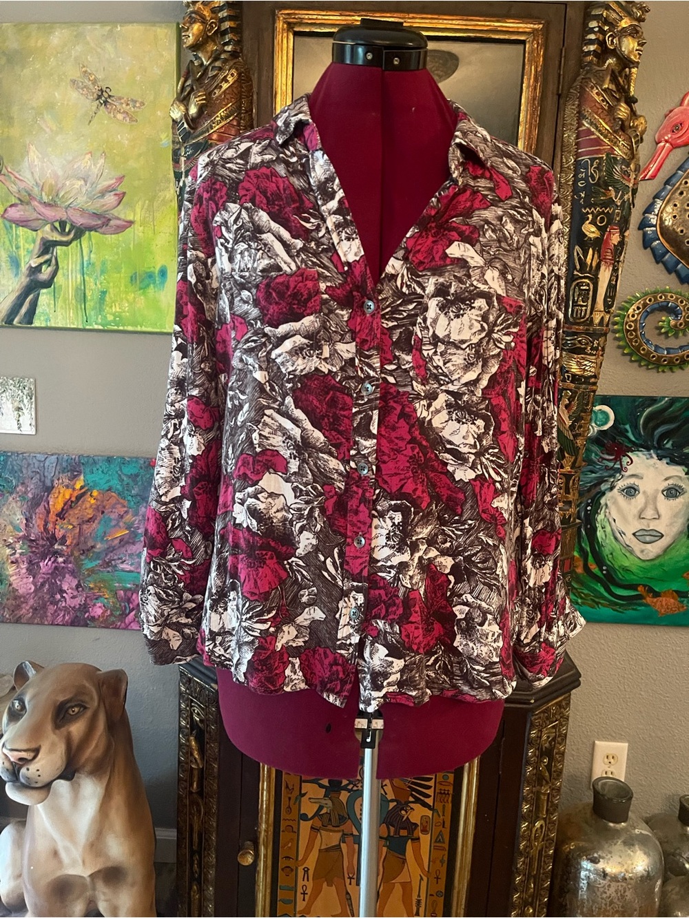 Rock & Republic Magenta, Black and White Floral Button-Down Shirt
